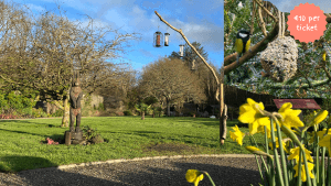 Image of the garden in late winter with bird feeders in the background. Overlay of an image of a bird with a birdfeeder in the garden. 10 euro per ticket in a star.