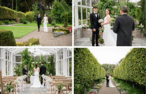Grid of four photos of a romantic wedding ceremony in the glasshouse surrounded by the beauty of the walled garden. Couple standing with celebrant during an intimate glasshouse wedding in Kilrush, West Clare.