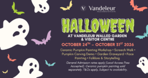 Promotional banner for Halloween at Vandeleur Walled Garden & Visitor Centre, which will run from Saturday, October 24th to Saturday, October 31st. Ceramic Pumpkin Painting Workshop • Screech Walk • Pumpkin Carving Demo • Garden Graveyard • Face Painting • Folklore & Storytelling with Eddie Lenihan