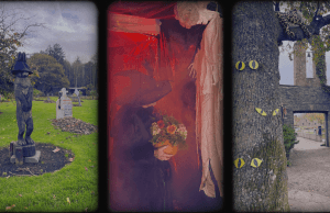 Three images of Vandeleur Walled Garden at Halloween and a picture of the interior of the Screech Walk.