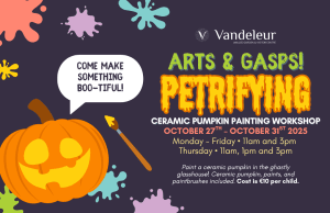 Illustrated poster for Arts & Gasps: A Petrifying Pumpkin Painting Workshop at Vandeleur Walled Garden & Visitor Centre. A smiling cartoon pumpkin is being painted, surrounded by colorful paint splatters. Event details: Monday, October 27th – Thursday, October 30th, 2025. Sessions run Monday–Wednesday at 11am and 3pm, and Thursday at 11am, 1pm, and 3pm. Tagline: 'Come make something BOO-tiful with us!'