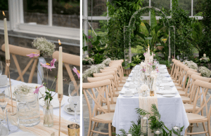 Two photos of the interior of the Glasshouse setup for a lovely dinner.