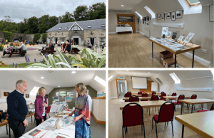 Promotional image for the Green Room meeting room at Vandeleur Walled Garden & Visitor Centre. Grid of photos showing the outside of the building housing the Gift Shop and Green Room meeting room; an image of a local artist showing her work to locals in the Green Room; an image of the spacious Green room laid out for an artist's exhibition; and an image of the Green Room set up for a training session with tables, chairs, and a roll-down projector screen.