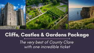 Cliffs, Castles, and Gardens Package Image. Image of Vandeleur Walled Garden and Visitor Centre, The Cliffs of Moher, and Bunratty Castle.