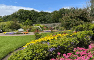 An Image of the walled garden on a sunny day with blue skies. Pink, purple, and yellow flowers are in a display bed in the foreground