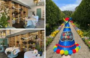 A collage of photos showcasing birthday parties at Vandeleur Walled Garden.